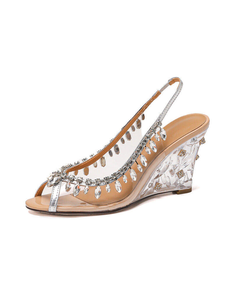 Splicing Stylish Leather Heels Sequins Apricot Cowhide Wedge
