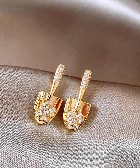 Shovel Gold Stud Overgild Stylish Copper Zircon Small Earrings