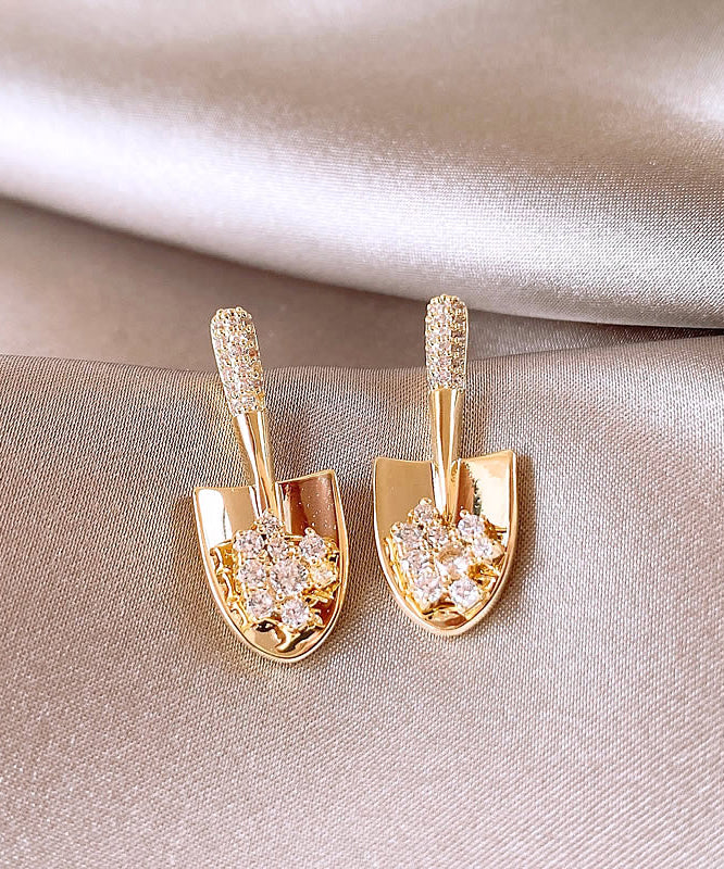 Shovel Gold Stud Overgild Stylish Copper Zircon Small Earrings