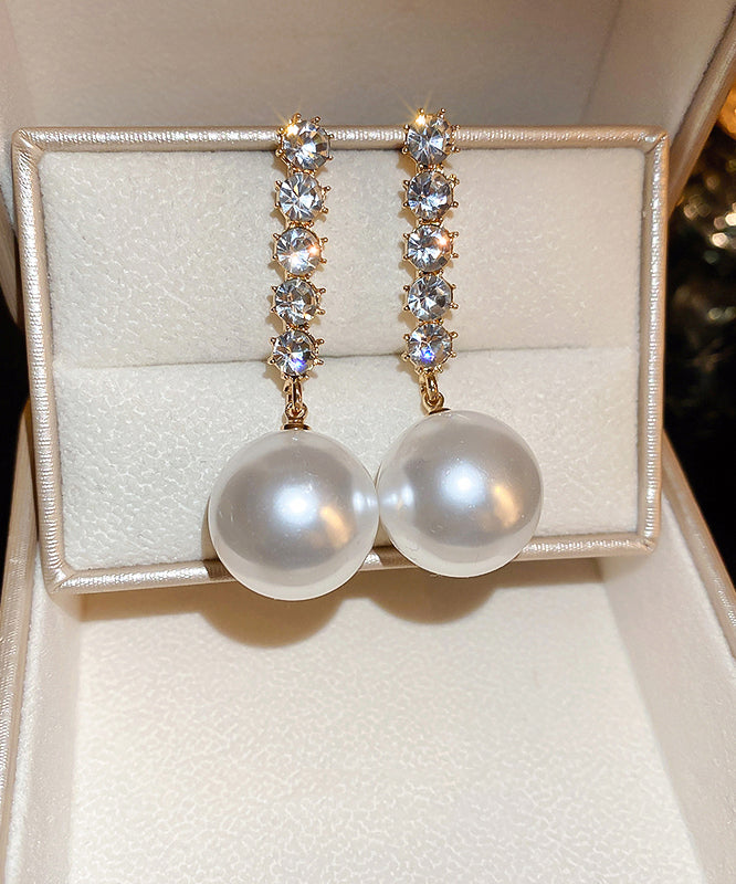 Stylish Gold Sterling Silver Alloy Zircon Pearl Drop Earrings WQ030