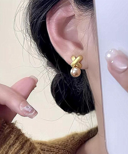 Sterling Overgild Pearl Silver Stylish Earrings Gold Stud