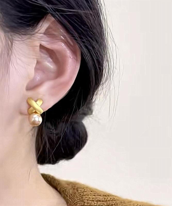 Sterling Overgild Pearl Silver Stylish Earrings Gold Stud