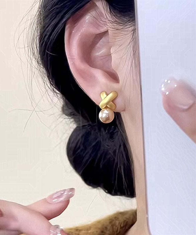 Sterling Overgild Pearl Silver Stylish Earrings Gold Stud
