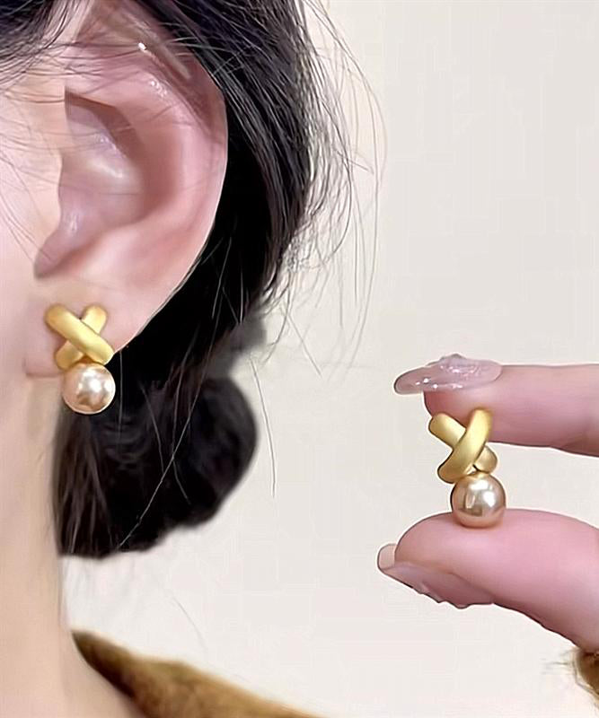 Sterling Overgild Pearl Silver Stylish Earrings Gold Stud