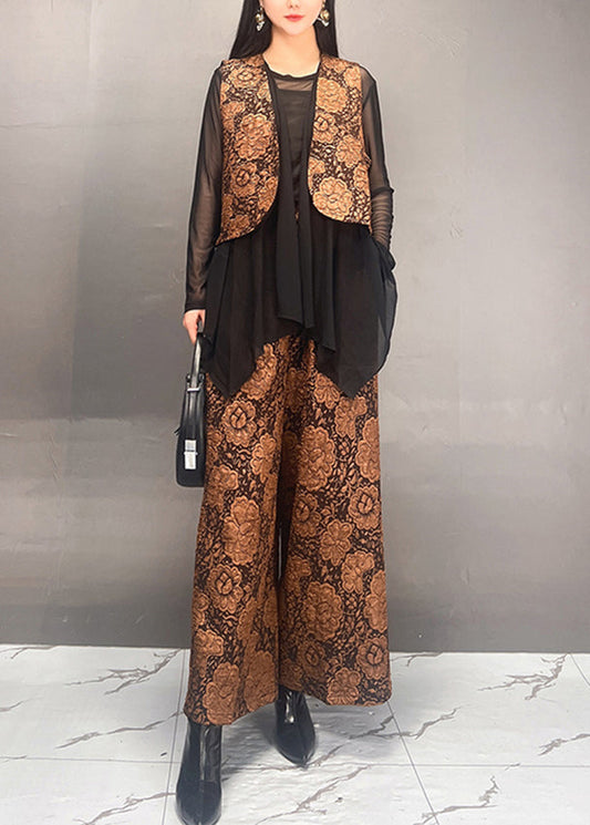 Stylish Gold Tulle Patchwork Coats And Wide Leg Pants Two Piece Set Fall