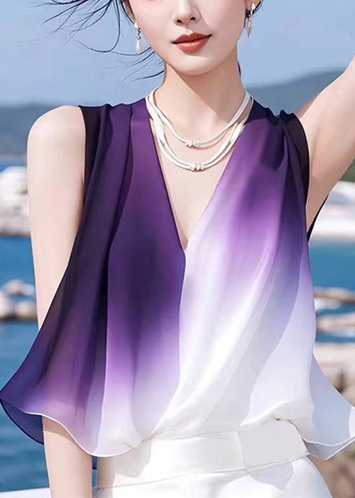 Stylish Sleeveless Chiffon Patchwork Neck V Color Tank Gradient