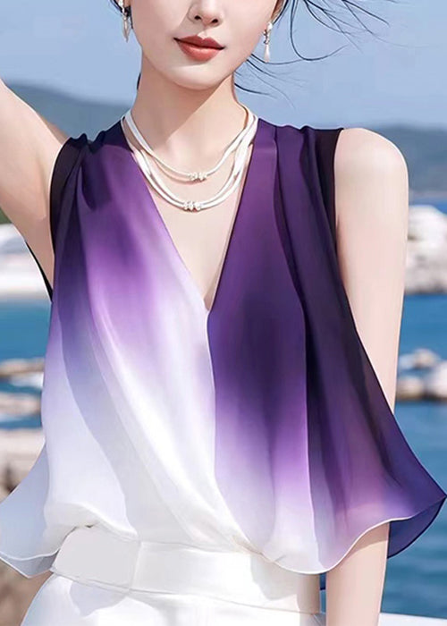 Stylish Sleeveless Chiffon Patchwork Neck V Color Tank Gradient