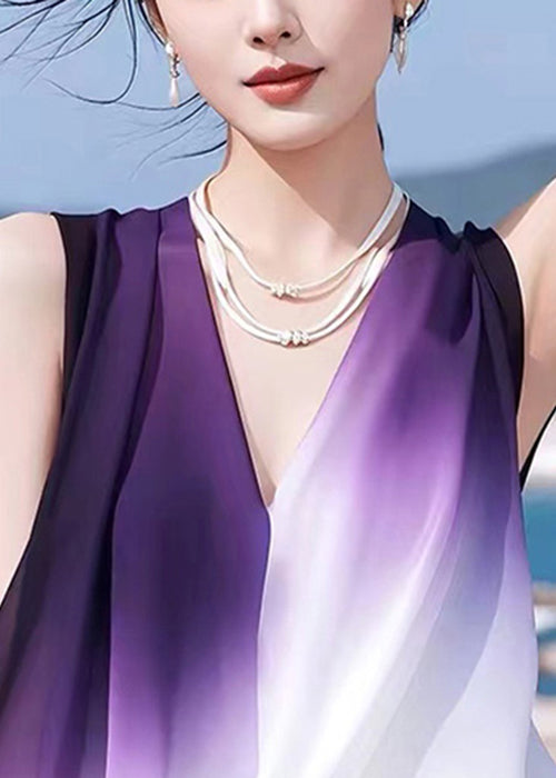 Stylish Sleeveless Chiffon Patchwork Neck V Color Tank Gradient