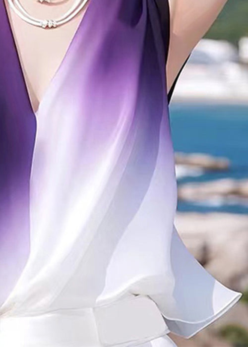 Stylish Sleeveless Chiffon Patchwork Neck V Color Tank Gradient