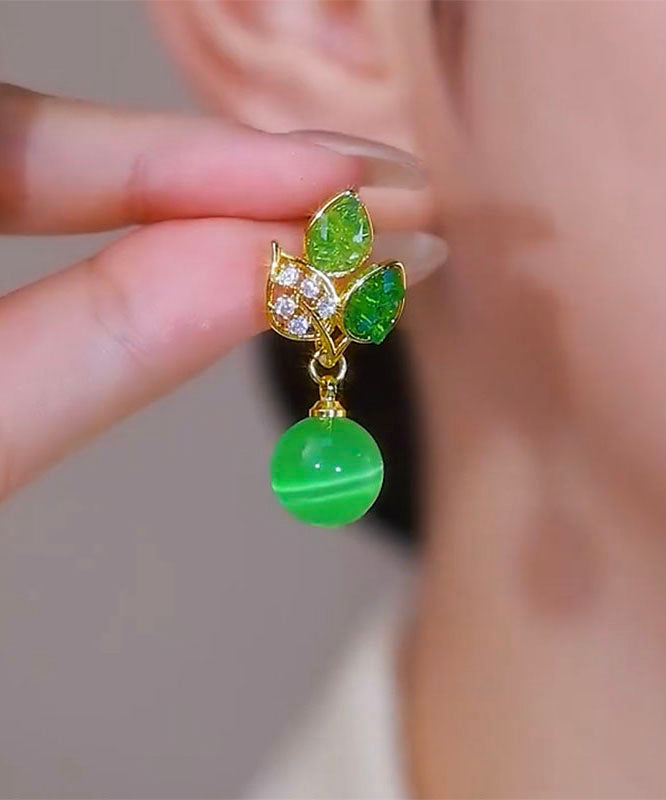 Earrings Cat's Zircon Copper Green Alloy Stylish Drop Eye Stone
