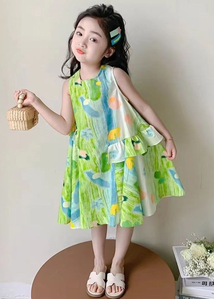 Robe élégante en coton vert à col rond et imprimé sans manches pour filles EW061