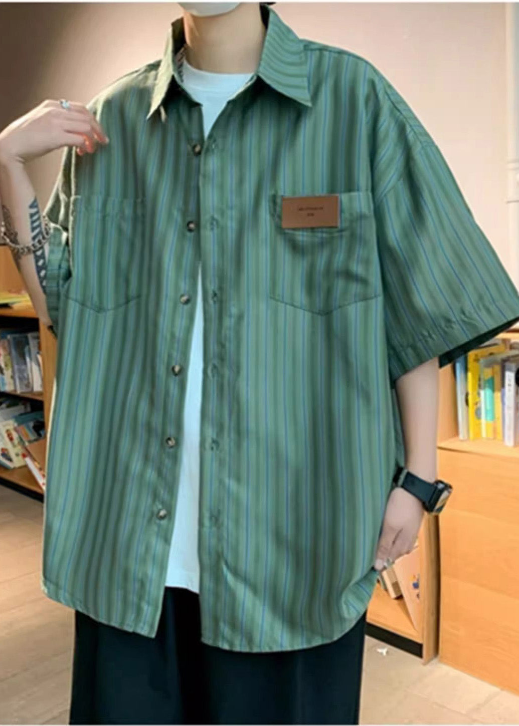 Green Oversized Striped Cotton Men Half Apparel Sleeve Stylish