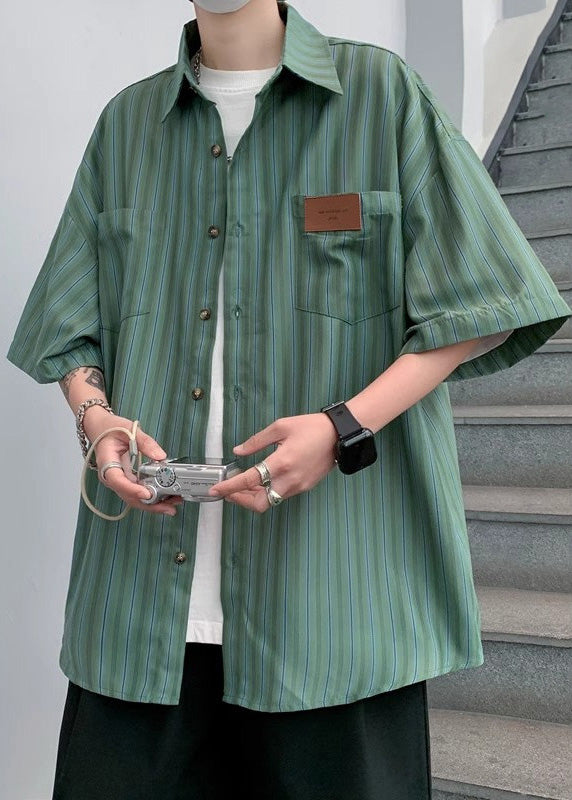 Green Oversized Striped Cotton Men Half Apparel Sleeve Stylish