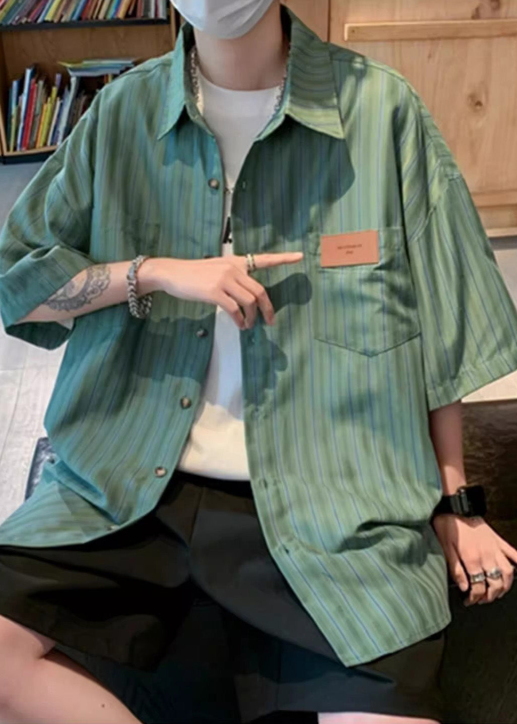 Green Oversized Striped Cotton Men Half Apparel Sleeve Stylish