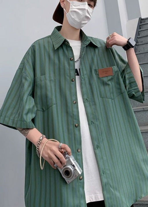 Green Oversized Striped Cotton Men Half Apparel Sleeve Stylish