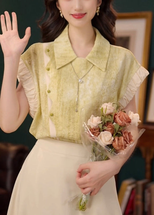 Peter Shirt Stylish Summer Pan Collar Cotton Green Patchwork