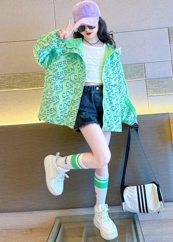 Stylish Green Print Patchwork Girls Hooded Coat Fall QV048