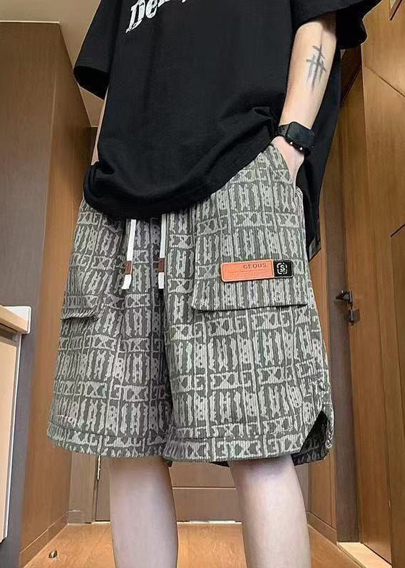 Pockets Cotton Elastic Print Green Waist Stylish Men Shorts