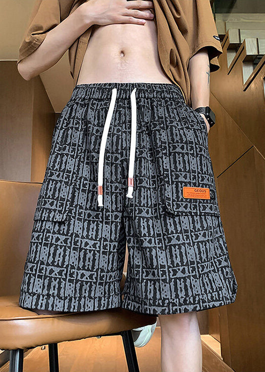 Elastic Shorts Stylish Waist Pockets Men Print Summer Green Cotton