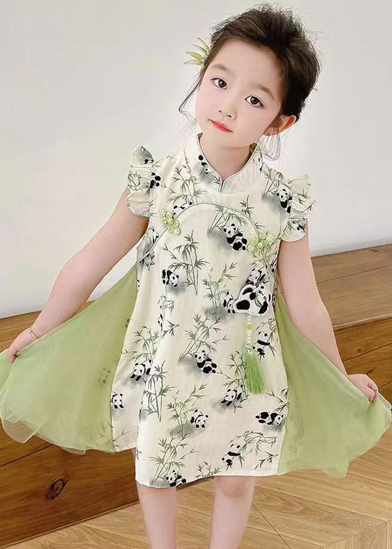 Robe mi-longue élégante en tulle vert imprimé patchwork à boutons pour filles, été MN002