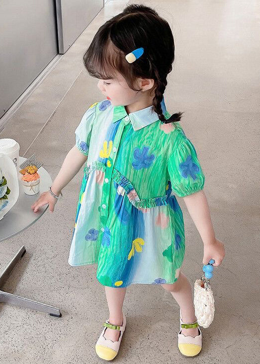 Stylish Green Ruffled Button Cotton Girls Shirt Dresses Summer XZ060