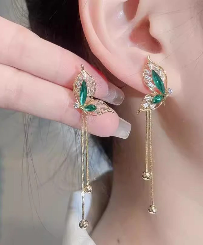 Stylish Green Sterling Silver Overgild Butterfly Tassel Drop Earrings PO039