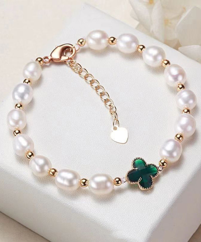 Silver Clover Pearl Overgild Charm Stylish Sterling Green