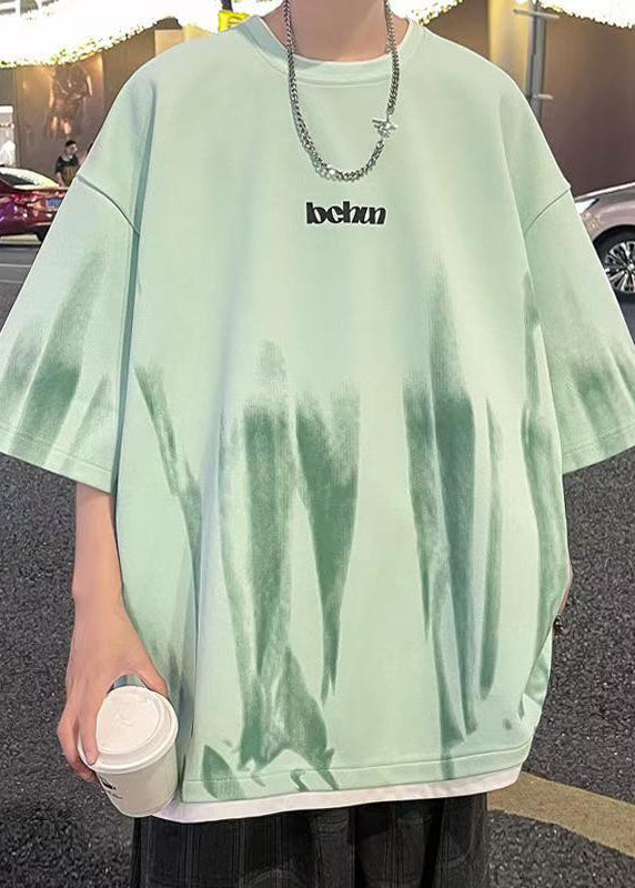 Patchwork Shirts Half T Tie Cotton Stylish Green Dye Sleeve Mens