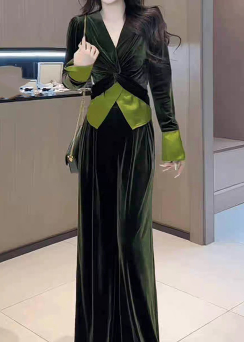 Wide V Velvet Top And Silk Cinched Pants Stylish Leg Green Neck
