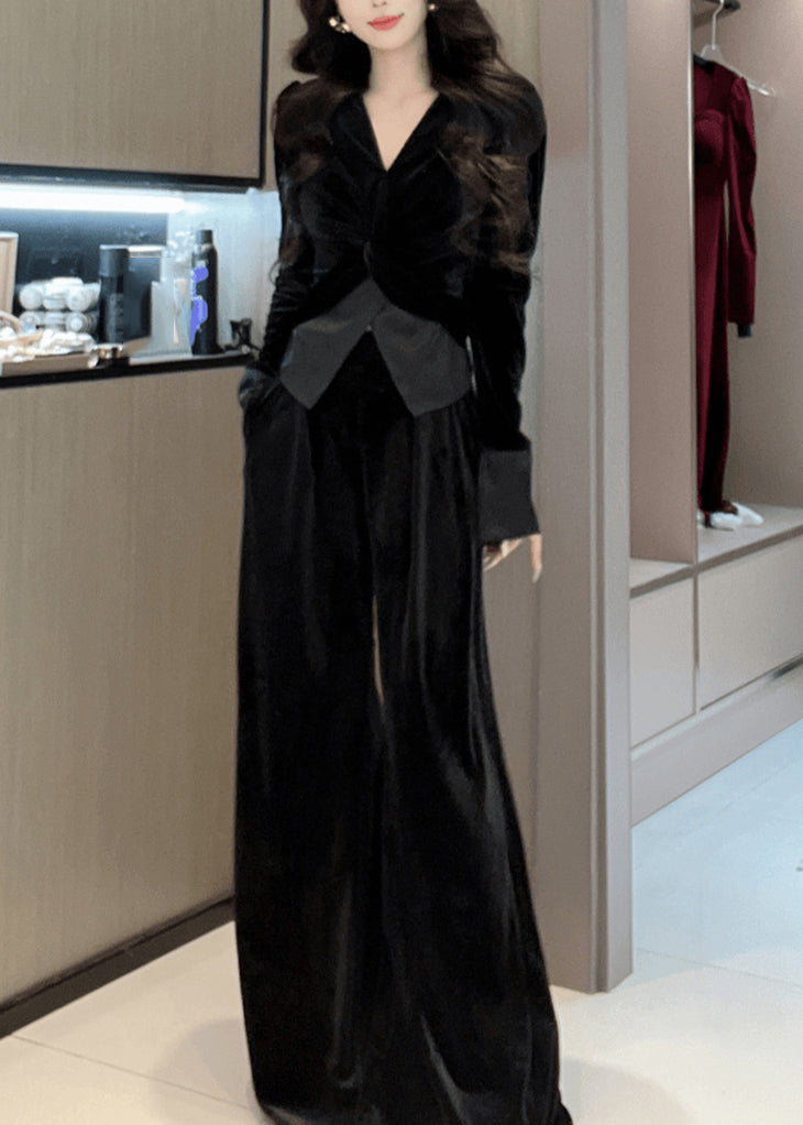 Wide V Velvet Top And Silk Cinched Pants Stylish Leg Green Neck