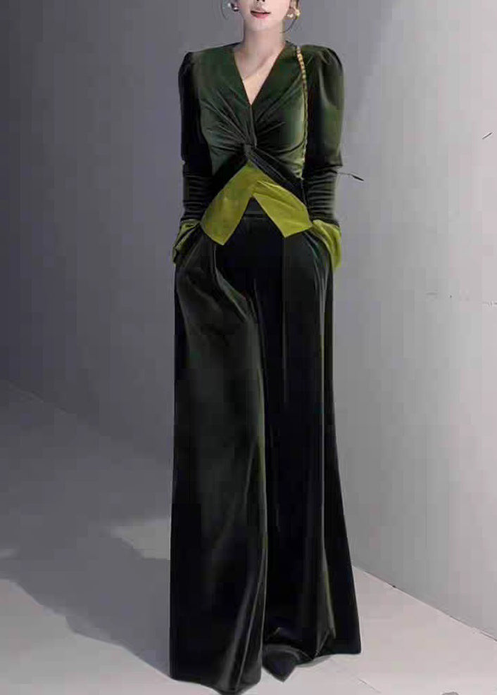 Wide V Velvet Top And Silk Cinched Pants Stylish Leg Green Neck