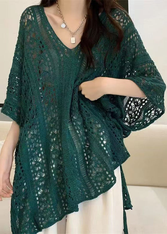 V Summer Out Knit Hollow Green Neck Tops Shirt Stylish