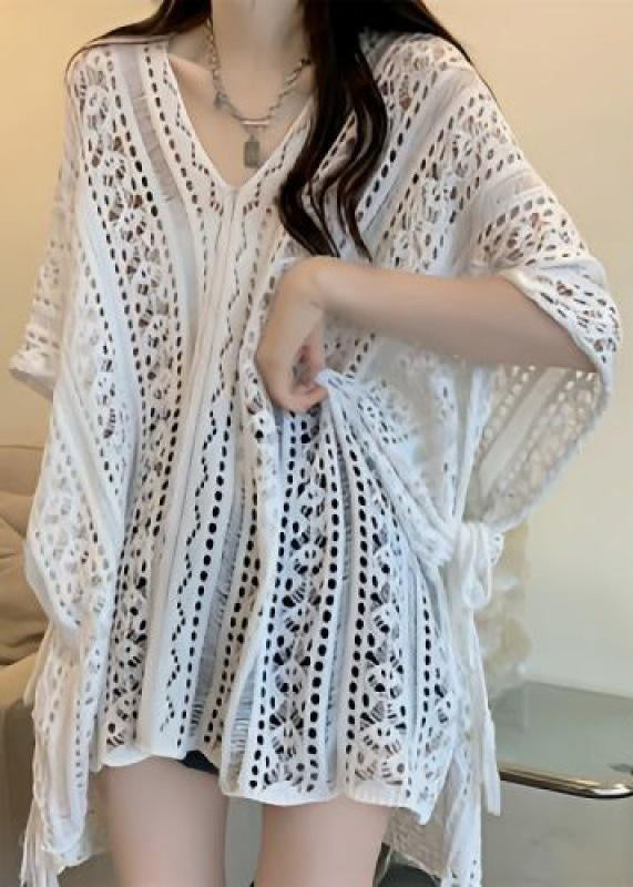 V Summer Out Knit Hollow Green Neck Tops Shirt Stylish