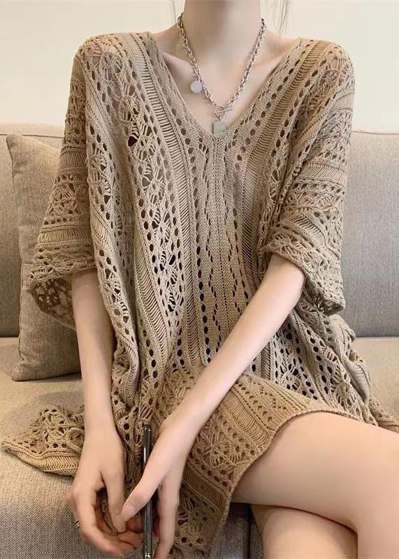 V Summer Out Knit Hollow Green Neck Tops Shirt Stylish