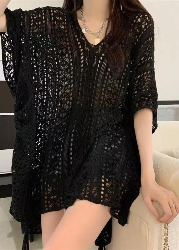 V Summer Out Knit Hollow Green Neck Tops Shirt Stylish