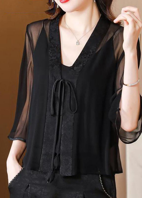 UPF Print Green V Stylish Half Tulle Coat 50+ Tie Neck Waist