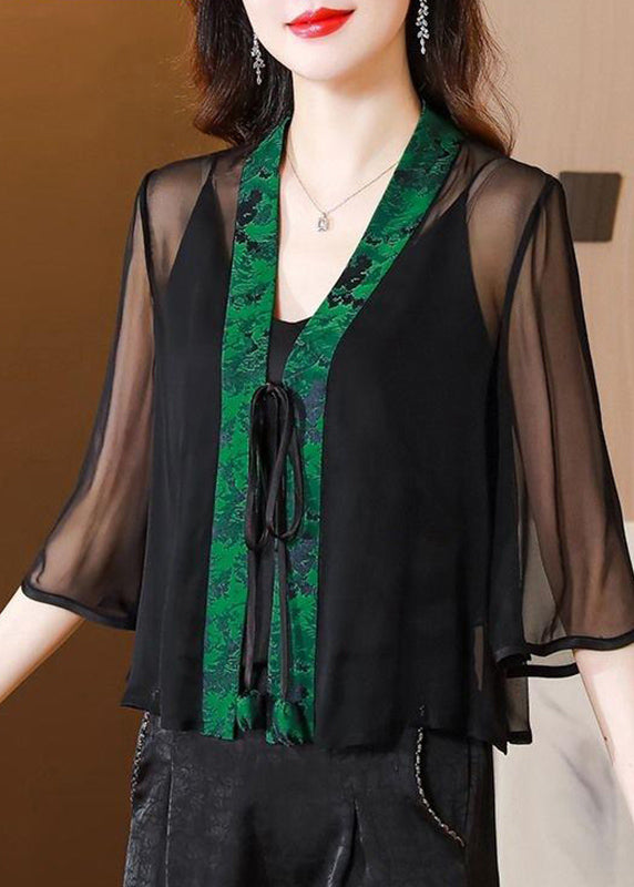 UPF Print Green V Stylish Half Tulle Coat 50+ Tie Neck Waist