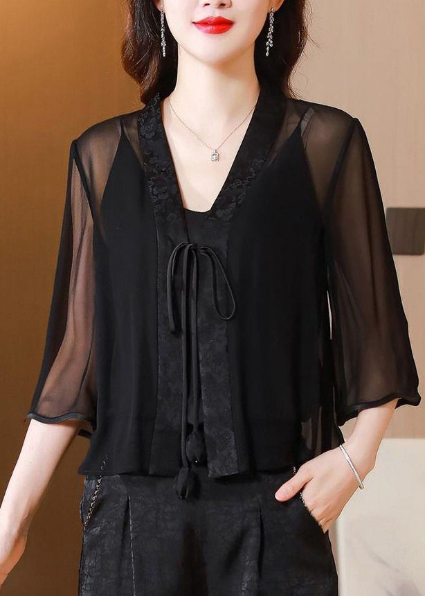 UPF Print Green V Stylish Half Tulle Coat 50+ Tie Neck Waist