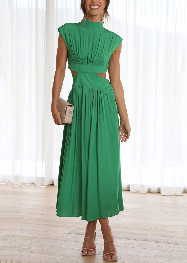 Green Dresses Pockets Long Wrinkled Cotton Summer Stylish
