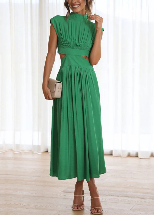 Green Dresses Pockets Long Wrinkled Cotton Summer Stylish