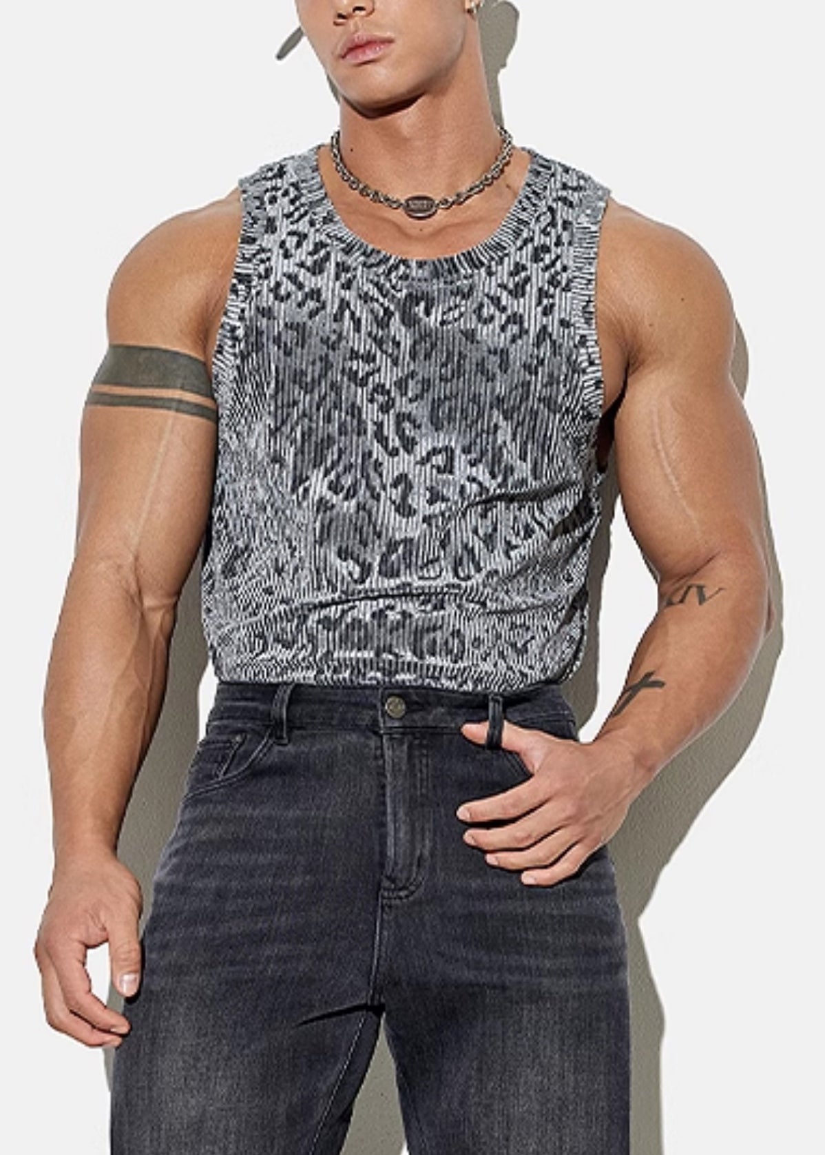 Leopard Cozy Mens Silk Stylish Grey Sleeveless Velour Tank