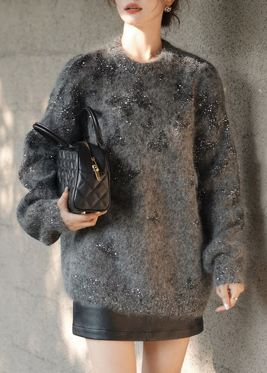 Stylish Grey O Neck Sequins Knit Pullover Spring YY023