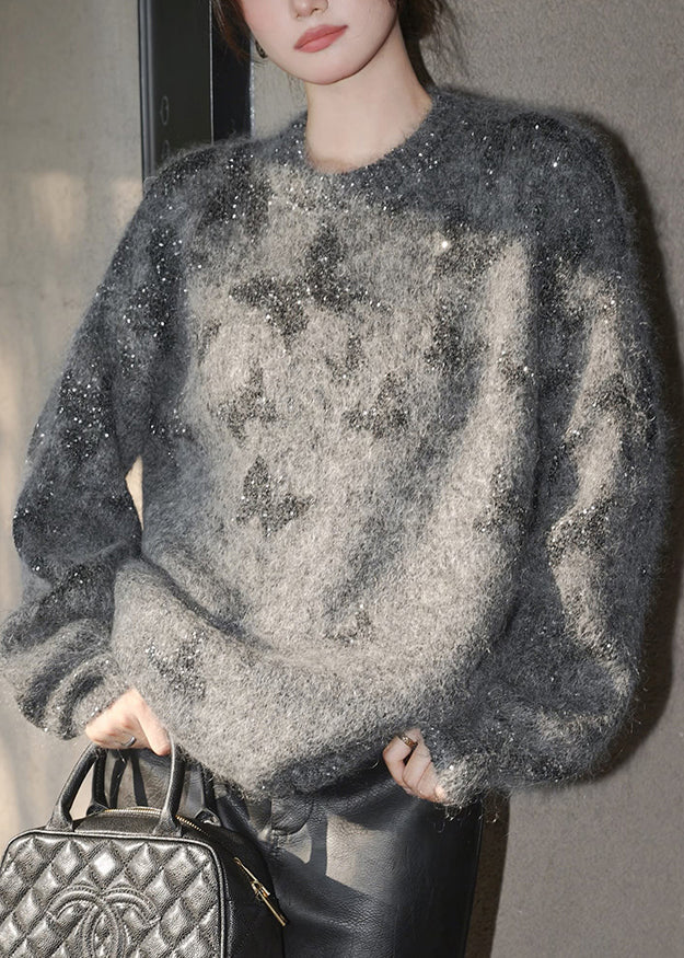 Stylish Grey O Neck Sequins Knit Pullover Spring YY023