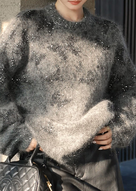 Stylish Grey O Neck Sequins Knit Pullover Spring YY023