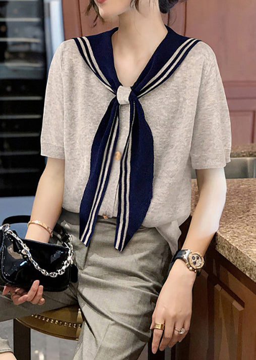 Summer T Stylish Collar Sailor Shirt Patchwork Grey Cotton