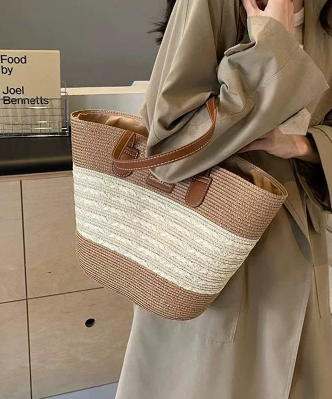 Woven Shoulder Straw Bag Capacity Large Khaki Durable Stylish