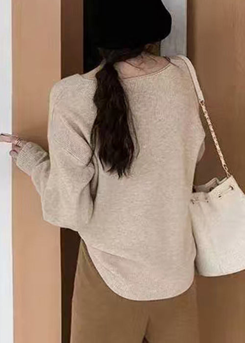Stylish Khaki V Neck Solid Knit Sweater Spring TF002