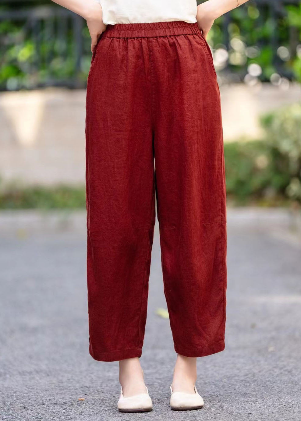 Mulberry Elastic Waist Pockets Summer Stylish Harem Pants Linen
