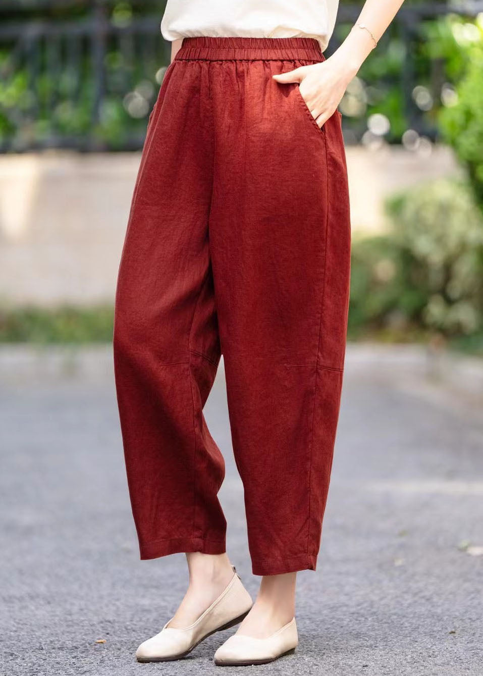 Mulberry Elastic Waist Pockets Summer Stylish Harem Pants Linen