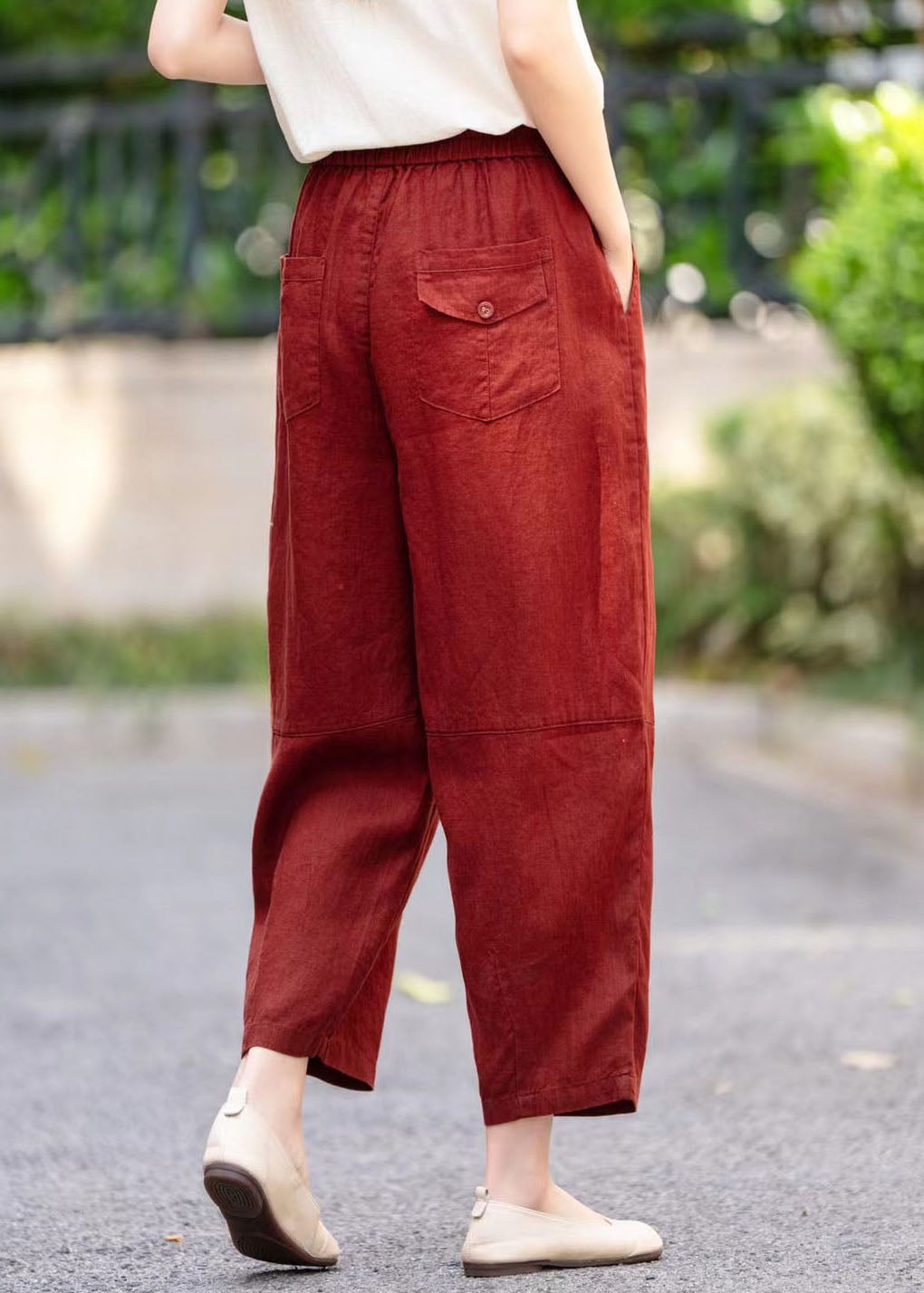 Mulberry Elastic Waist Pockets Summer Stylish Harem Pants Linen